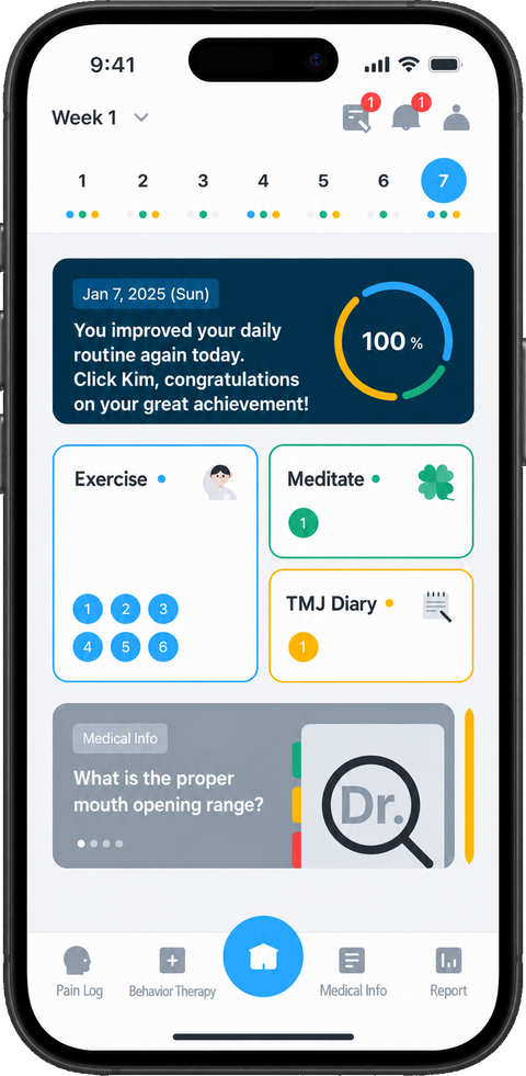 Clickless patient app showing Week 1 Day 7 progress, exercise, meditation, and TMJ diary
